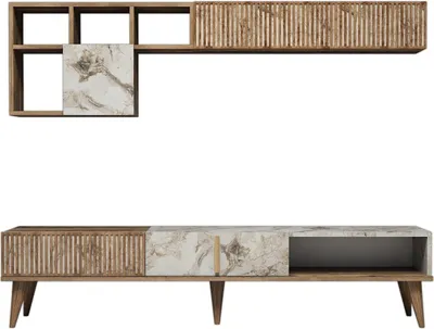 A modern TV stand and wall shelf unit.
