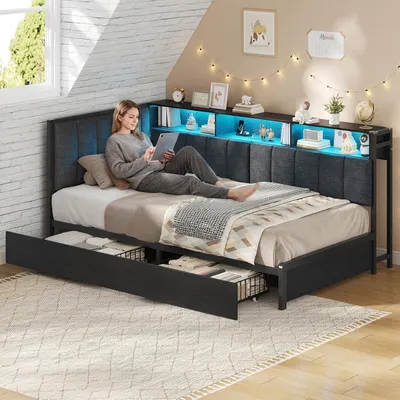 Produktbild von KIMENICH Polsterbett Schlafsofa, Jugendbett mit LED-Beleuchtung, Ladestation, Tagesbett mit 2 Schubladen und Offene Regale, 90x190 cm, Schwarz
