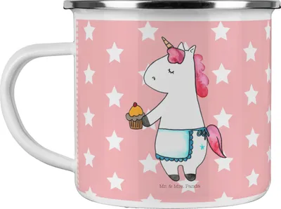Produktbild von Mr. & Mrs. Panda Pott Einhorn Muffin - Rot Pastell - Geschenk, Unicorn, Backen, Geburtstagsgrüße, becher emaille, Kekse, Tasse, Glückwünsche, Campingtasse, Geburtstag