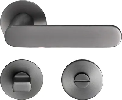 A set of door hardware, including a door handle and two rosettes, displayed against a white background.
