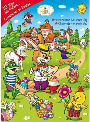 An illustration of an Easter-themed advent calendar with cartoon characters.