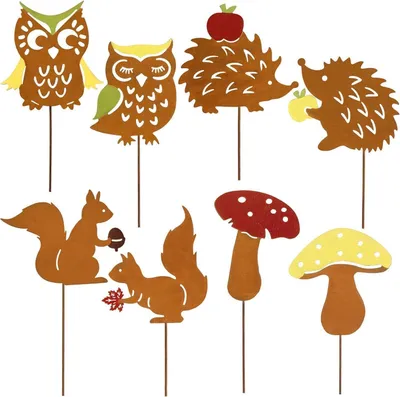 Produktbild von Rost Gartenstecker Herbstdeko 25cm Bunt Rostoptik Gartendeko Igel Eule Pilze Metall