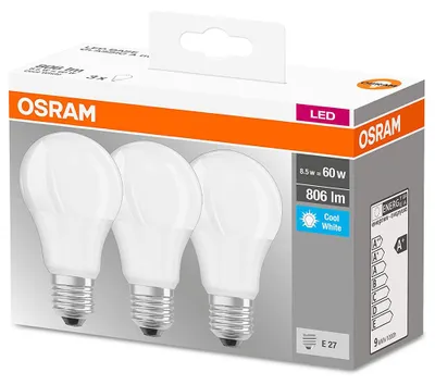 Produktbild von OSRAM HOMELIGHTING 4058075127531 LED (monochrome) EEC F (A - G) E-27 Pear shape 8.5 W = 60 W Neutral white (Ø x L) 60 mm x 113 mm 3 pc(s)