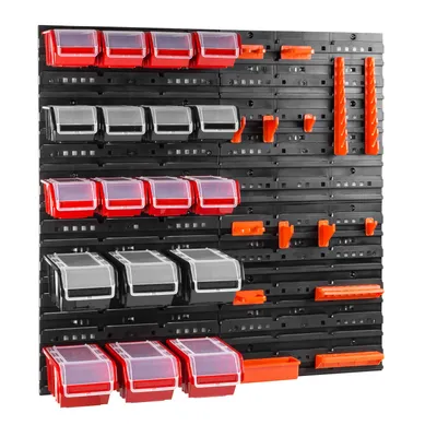 Image de Étagère murale d'atelier Support d'outils Boîtes empilables panneaux muraux avec boîtes Étagère de tri 18 pcs. Box avec couvercle Étagère murale 80 x 80 cm Porte-outils Étagère à bacs Bacs à bec Système de stockage en plastique