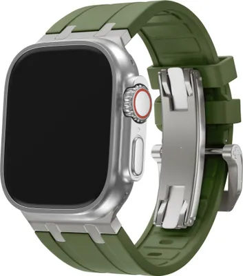 Produktbild von BALR. flüssiges Silikonarmband passend für Apple Watch 1/2/3/ 4/5/6/7/8/9/10/SE/Ultra in den Größen: 44mm / 45mm / 46mm / 49mm - Kautschukarmband mit Stahlstecker (grün/titan)