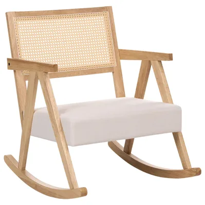 Produktbild von BELIANI Schaukelsessel Hellbraun u. Hellbeige aus Gummibaumholz Wiener Geflecht Massivholz Stoff Gepolstert Modern Schaukelstuhl Wohnzimmer