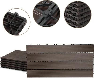 Zdjęcie produktu dla Zestaw 48 płytek tarasowych Izrielar z WPC, 4 listwy, 30 × 60 cm, do ogrodu i na balkon, system zatrzaskowy, kolor brązowy