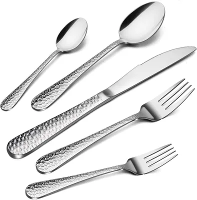 Produktbild von Besteck Set 1 Personen, 5-teiliges Edelstahl Gehämmertes Besteckset mit Messer Gabel Löffel, Elegantes Essbesteck für Haus/Party/Restaurant, Hochglanzpoliert & Spülmaschinenfest