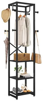 Zdjęcie produktu dla Wieszak stojący - 3 półki - 8 haczyków - Czarny - 180 x 40 x 30 cm
