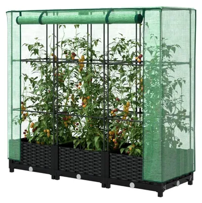 Produktbild von Hochbeet mit Gewächshaus-Aufsatz Rattan-Optik 120x40x123 cm, Palettenrahmen, Hochteich, Gemüsebeet, Kräuterregal Balkon, Blumenbeet, Kräuterspirale, Tomatenbeet, Pflanzhochbeet