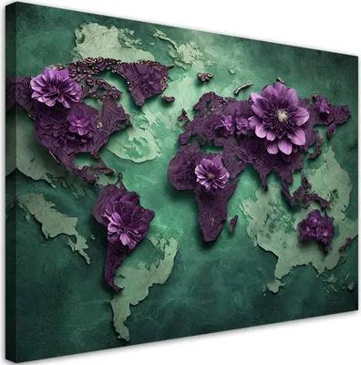 Produktbild von Leinwandbild Blumen Weltkarte Lila 90x60 Feeby Violett bild für die wand bereit zum aufhängen