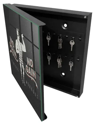 Produktbild von Schwarzer Metall-Schlüsselkasten, 30 x 30 cm – Schlüsselkasten zur Wandmontage mit Tür – Schlüsselkasten mit nach links öffnender Tür – praktischer Aufbewahrungsort für Schlüssel zu Hause – Retro Strongman, KI-generiertes Bild