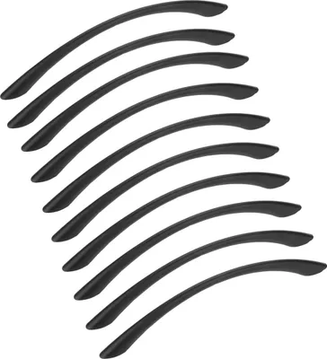A set of black cabinet handles arranged in a diagonal pattern against a white background.