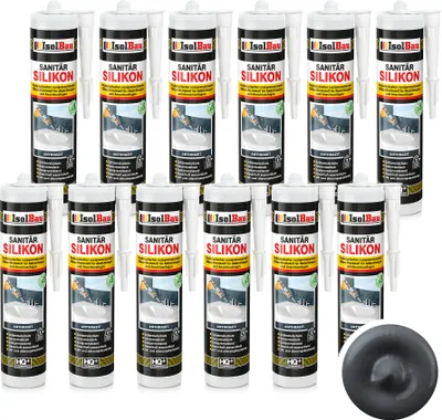 Produktbild von Isolbau Sanitär Silikon 12 x 300 ml Anthrazit - Hochelastischer Silikon-Dichtstoff für Abdichtungen & Fugen – Schimmelresistent, wasserdicht -  Kartusche