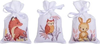 Produktbild von Vervaco Kräutertütchen Kreuzstich Stickpackung "Im Wald" 3er Set, Zählmuster, 8x12cm