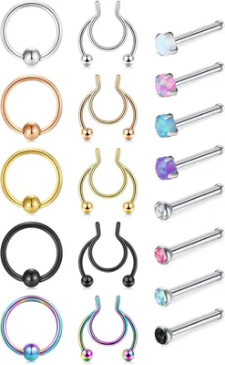 Imagen del producto de Anillos para piercing nasal, acero inoxidable, calibre 20G, forma de corazón, 16 unidades, con circonita, para mujer