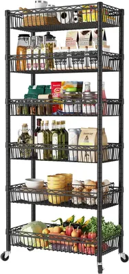 Produktbild von 6 Ebenen Rollregal Metall, Höhenverstellbares Standregal mit Rollen, Gitterkorb-Regal für Küche, Bad, Vorratskammer & Waschküche, 76cm x 34cm x 165cm