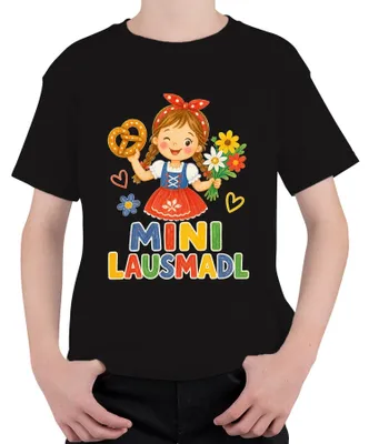 Obrázek produktu pro Mini Lausmadl, tradiční bavorský kostýmek "Dirndl" pro , kožená sukně "Lederhose", tričko s motivem "Wiesn" (), barva: černá, velikost: 128