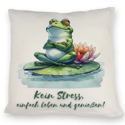 Produktbild von Frosch auf Seerose Kissen mit Spruch Kein Stress einfach leben und genießen