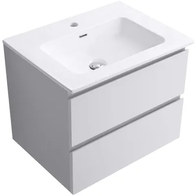 Image de CERANO - Meuble de salle de bains Carole - blanc mat + lavabo en céramique Novo - blanc brillant - 61 x 49,5 x 46,5 cm
