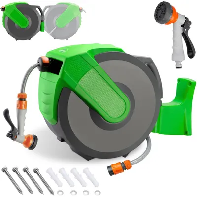 Produktbild von GARDEBRUK® Schlauchtrommel 30 + 2m Schlauchaufroller Wasser Handbrause 7 Funktionen 180° Schwenkbar Aufwickelstopper Gartenschlauch