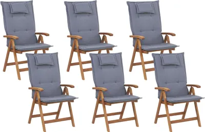 Produktbild von BELIANI Gartenstuhl 6er Set Hellbraun Akazienholz klappbar verstellbar Auflagen Blau Stoffbezug Rustikal Landhaus Stil Outdoor