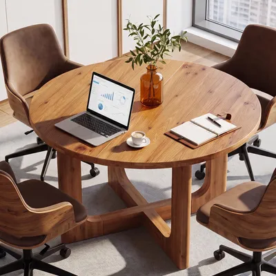 Produktbild von Tribesigns Runder Schreibtisch aus Massivholz, 100 cm Durchmesser | Kleiner Besprechungstisch mit Kreuzfuß für Büro, Konferenzraum, kleine Räume