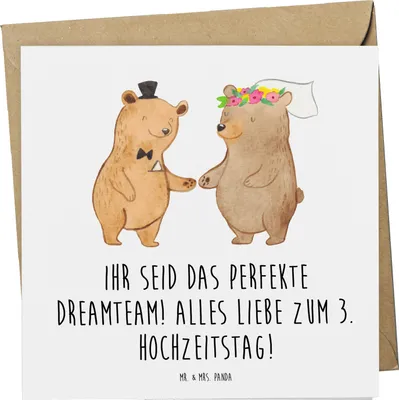 Produktbild von Mr. & Mrs. Panda Grußkarte 3. Hochzeitstag Lederhochzeit Dreamteam - Weiß - Geschenk, doppelkarte, Hingabe, faltkarte, Heiraten, Klappkarte, Heirat, Ehe, Glückwunschkarte
