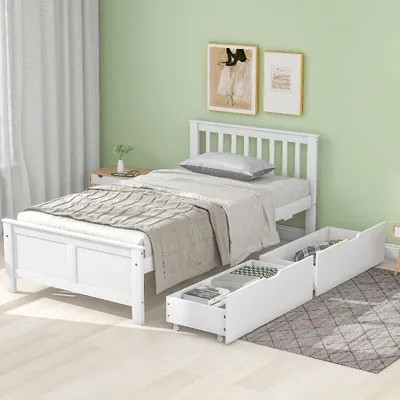 Productafbeelding van Bedframe 90x200 cm, wit. Grenenhout, MDF, met 2 lades. Enkelbed 90x200 met lades, geschikt voor de slaapkamer