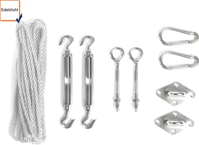 Produktbild von Perel Befestigungsset mit 2 Spannschlössern, 2 Augbolzen, 2 Augplatten, 2 Karabinerhaken, Nylon-Seil