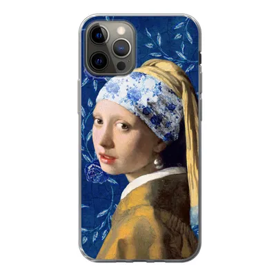 Produktbild von MuchoWow® Handyhülle Schutzhülle Hülle für iPhone 12 Pro Mädchen mit Perlenohrring - Delfter Porzellan - Vermeer - Blumen - Gemälde - Alte Meister Silikon Softcase Handy Hülle - Abdeckung
