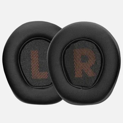Two black ear pads for headphones, each with an orange 'L' or 'R' marking.