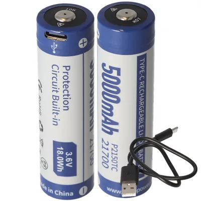 Zdjęcie produktu dla 2 sztuki akumulatorów litowo-jonowych 21700 o pojemności 5000 mAh, napięciu 3,7 V – 3,6 V, wymiarach 76,2 x 21,4 mm, z zabezpieczeniem PCB oraz możliwością ładowania przez USB-C