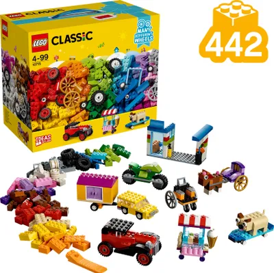 Produktbild von LEGO 10715 Classic Kreativ-Bauset Fahrzeuge, bunte Bausteine, Bauspielset mit Reifen und Rädern (422 Teile)
