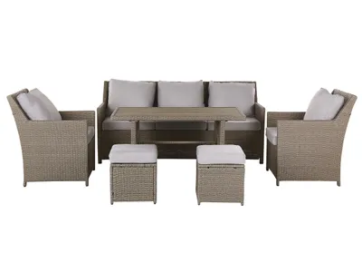 Produktbild von BELIANI Gartenmöbel Set Polyrattan Taupe Hellgrau inkl. Auflagen 5-Sitzer Lounge Set Tisch Zwei Hocker Sessel Terrasse Outdoor Garten Modern