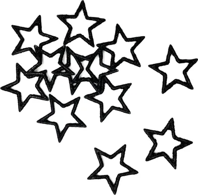 A collection of black star-shaped confetti pieces scattered on a white background.
