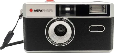 A front-facing studio shot of a black and silver Agfaphoto reusable 35mm film camera.