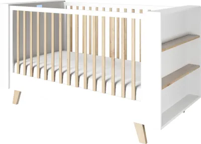 Produktbild von roba Smart Bett 70 x 140 cm mit intelligentem Gesundheitsüberwachungssystem & Smartphone App zur Steuerung, 3-fach höhenverstellbar, 3 Schlupfsprossen, umbaubar, integriertes Regal, Weiß und Holz natur