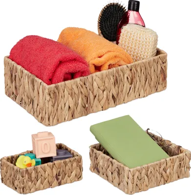 Produktbild von Relaxdays Aufbewahrungskorb Wasserhyazinthe, 3er Set, Körbchen in 3 Größen, Badezimmer Aufbewahrung, Flechtkörbe, natur