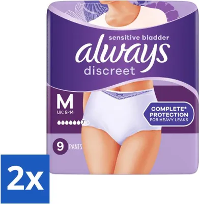 Zdjęcie produktu dla Always Discreet – majtki na nietrzymanie moczu – do wrażliwego pęcherza – rozmiar M – 9 sztuk – opakowanie ekonomiczne – 2 sztuki