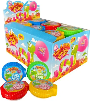 Produktbild von Display Komplett Crazy Fun-a-Conda mit tattoo Kaugummirolle (Himbeere, Frucht, Apfel, Kirsche) 24 Stück