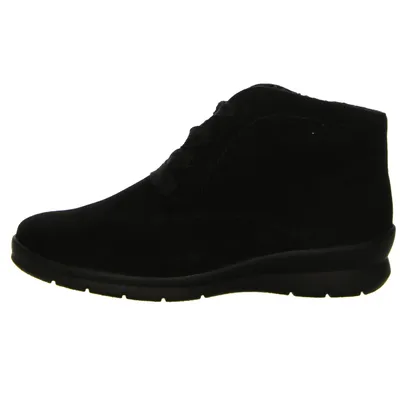 A side view of a black boot.