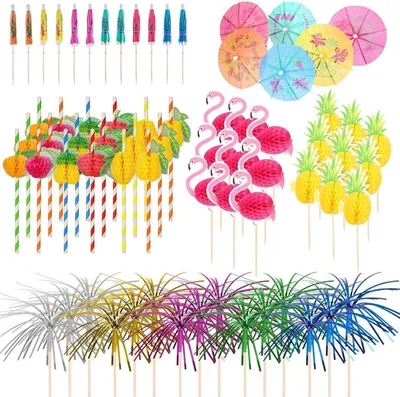 Produktbild von Cocktail Zubehör Set 120 Stück Wiederverwendbar Cocktail Party Deko Schirmchen Flamingo Ananas Pick Strohhalme Holz Sommer Party Trinken Dekorationen