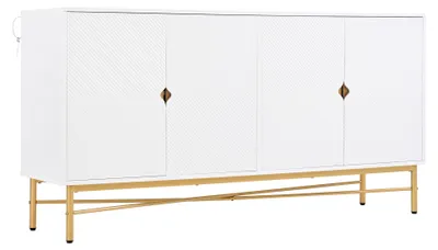 Image de Buffet blanc motifs striés géométriques 4 portes, pieds dorés