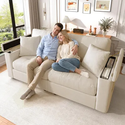 Produktbild von Merax 2-Sitzer Wohnzimmercouch mit Stauraum, Chenille-Sofa, inkl. 2 Kissen, Klassischesofa aus hochdichter Schaumstoff und Kiefer, kompakt, Beige