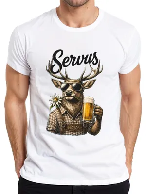 Zdjęcie produktu dla Koszulka męska "Servus Hirsch Edelweiß Bier Bayern Lederhose Dirndl", biała, rozmiar L