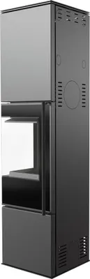 A black and gray steel fireplace.