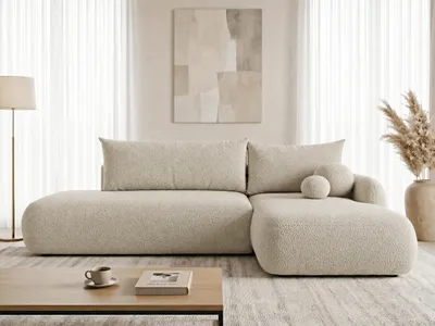 Produktbild von Ecksofa Neto mit Schlaffunktion und Bettkasten - Bouclé-Stoff - L-Form Couch, Polstersofa, Schlafsofa, Sofagarnitur, Bettsofa (Beige (Coral 65), Ecksofa Rechts)