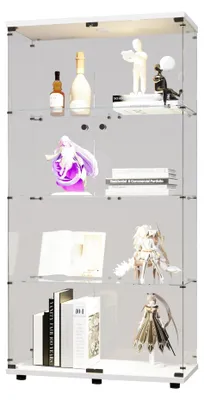 Produktbild von Glasvitrine - Standvitrinenschrank - 164×80×36 cm - 4 Ebenen - 2 Glastüren - Mit LED-Beleuchtung und Schloss - Weiß