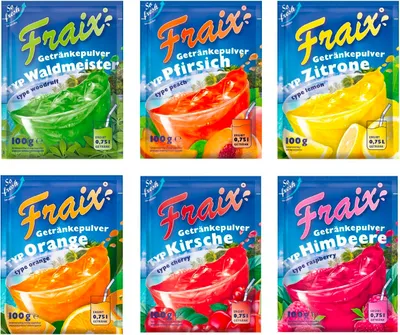 Produktbild von FRAIX Getränkepulver 6 Sorte Mixed (30er Pack x 100g) Vorteilspack - je 5 Packungen - Geschmacksrichtungen - Himbeere Kirsche Orange Pfirsich Waldmeister Zitrone
